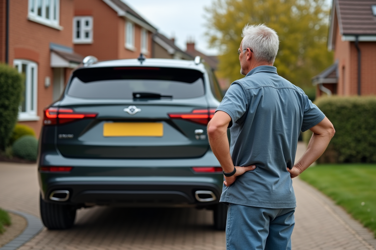 Homme regardant le SUV avec caméra de recul visible