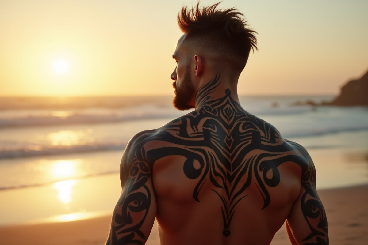 Homme musclé avec tatouages tribaux sur la plage au coucher du soleil
