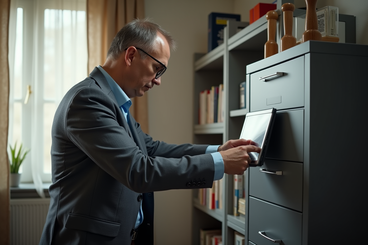 Homme d affaires verrouillant un ordinateur portable dans un classeur