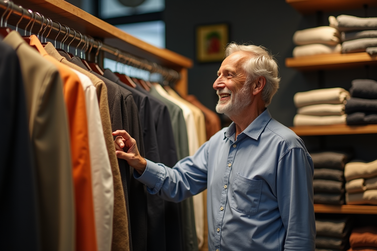 Homme dans un magasin de textiles examine un vêtement en soie