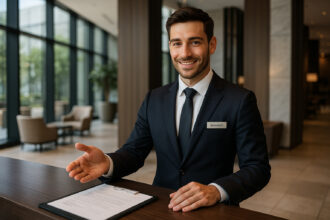 Jeune manager d'hôtel confiant dans un lobby moderne
