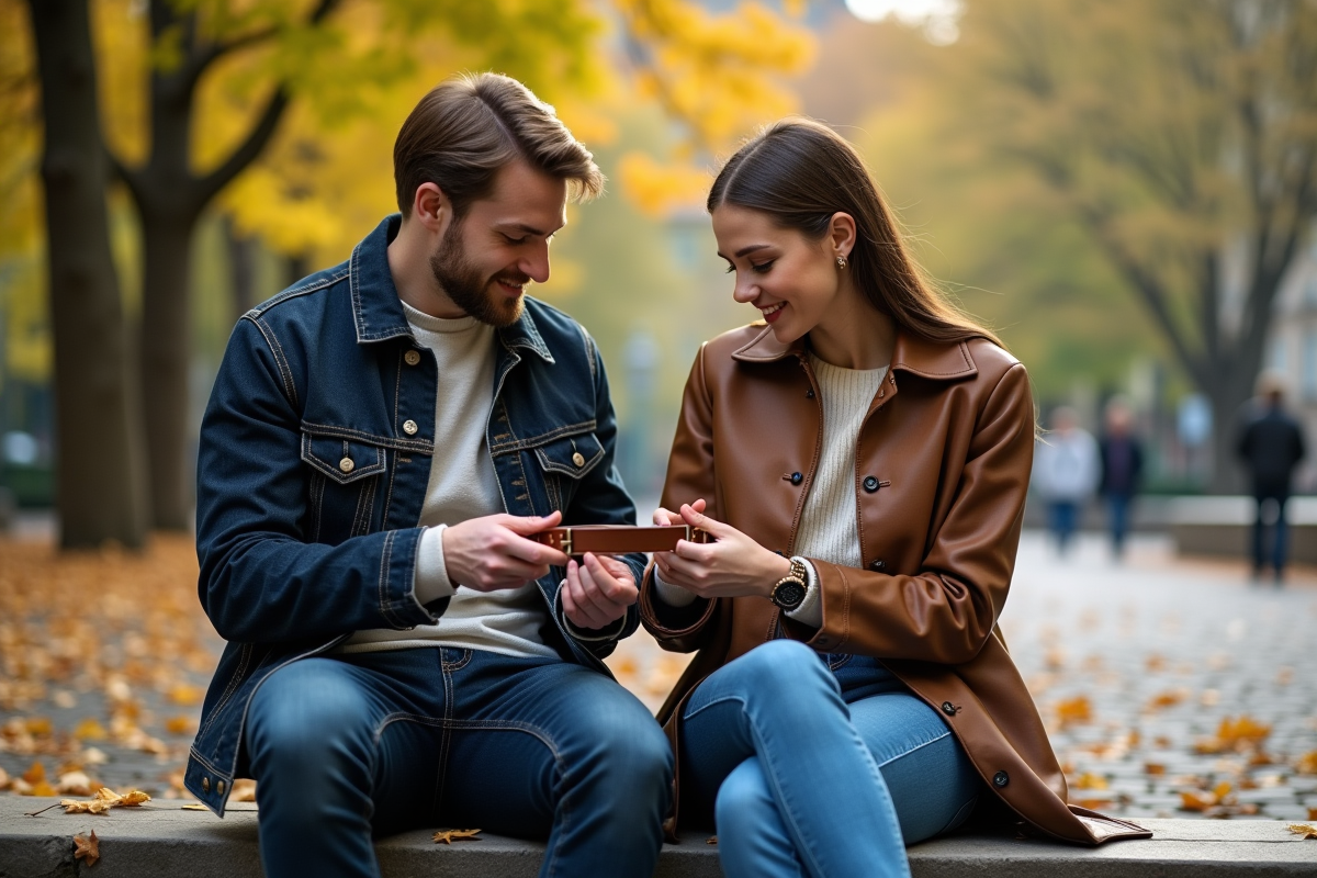 Jeune couple assis dans un parc urbain inspectant des ceintures en cuir