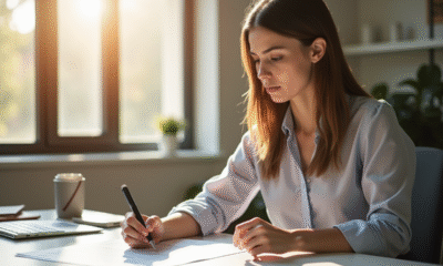 Jeune femme au bureau examinant un contrat de location