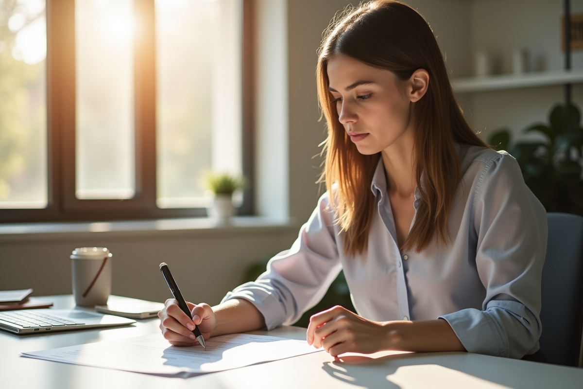 Jeune femme au bureau examinant un contrat de location