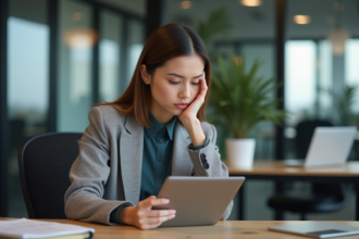 Jeune femme concentrée lisant sur une tablette dans un bureau moderne