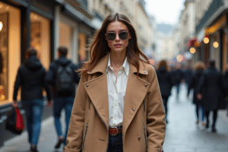 Jeune femme élégante marche dans Paris avec style