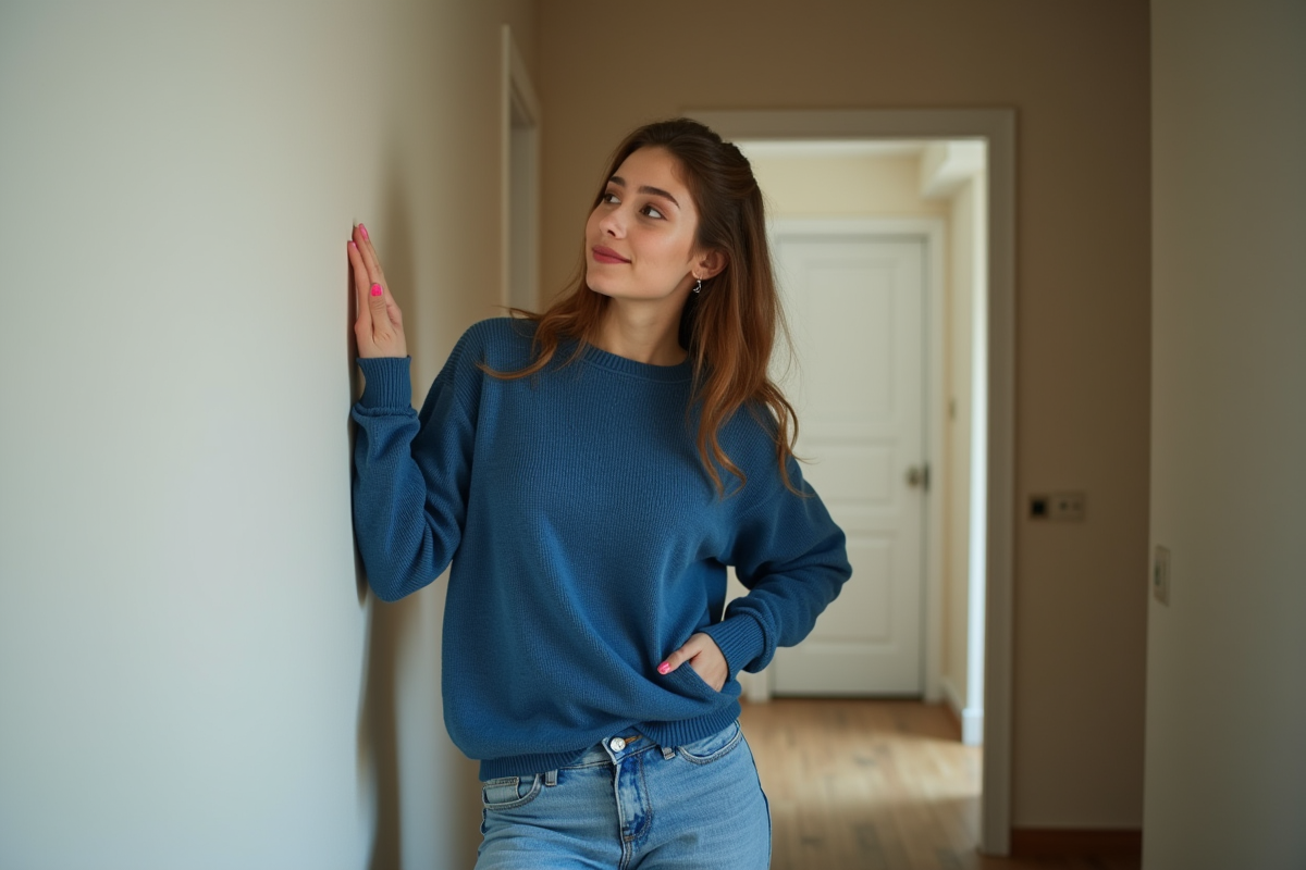 Jeune femme en sweater bleu touche un mur en béton