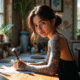Jeune femme avec tatouages tribaux dans un studio artistique