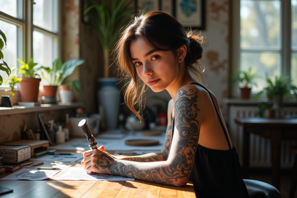 Jeune femme avec tatouages tribaux dans un studio artistique