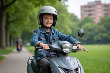 Jeune garçon sur un scooter 50cc dans un parc urbain