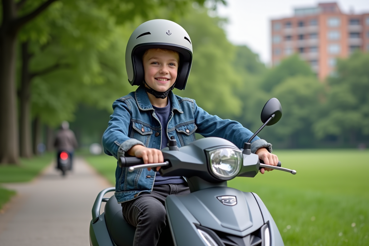 Jeune garçon sur un scooter 50cc dans un parc urbain