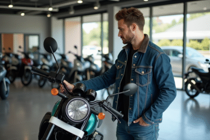 Jeune homme regardant une moto neuve en showroom