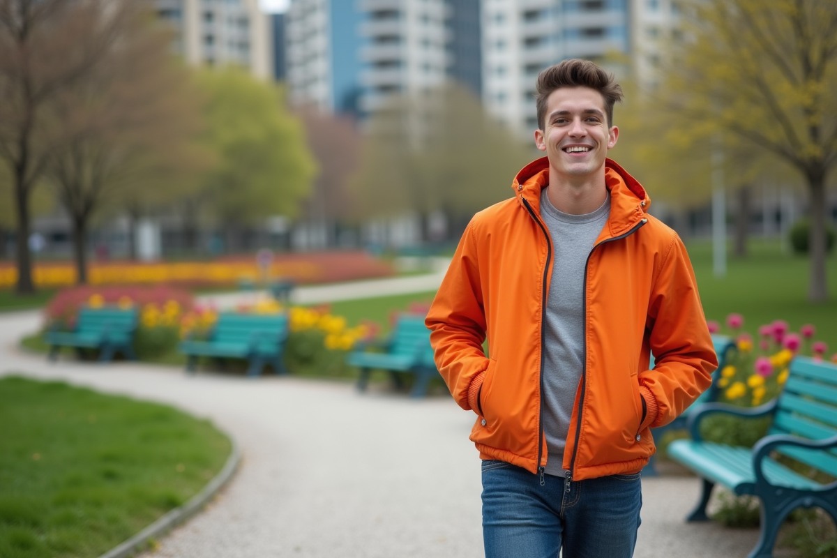 Jeune homme marchant dans un parc urbain au printemps