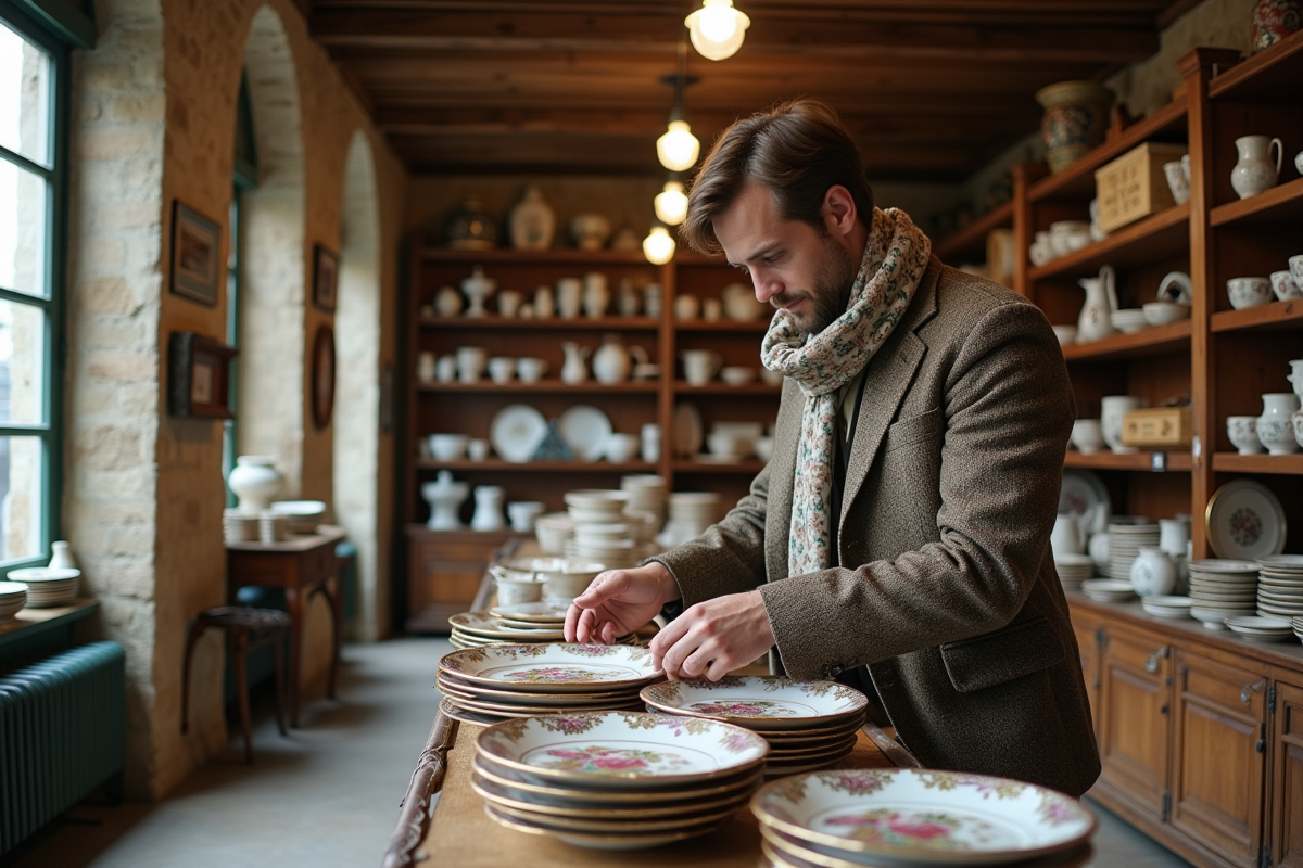 Jeune homme arrangeant des assiettes enamel Longwy dans une boutique