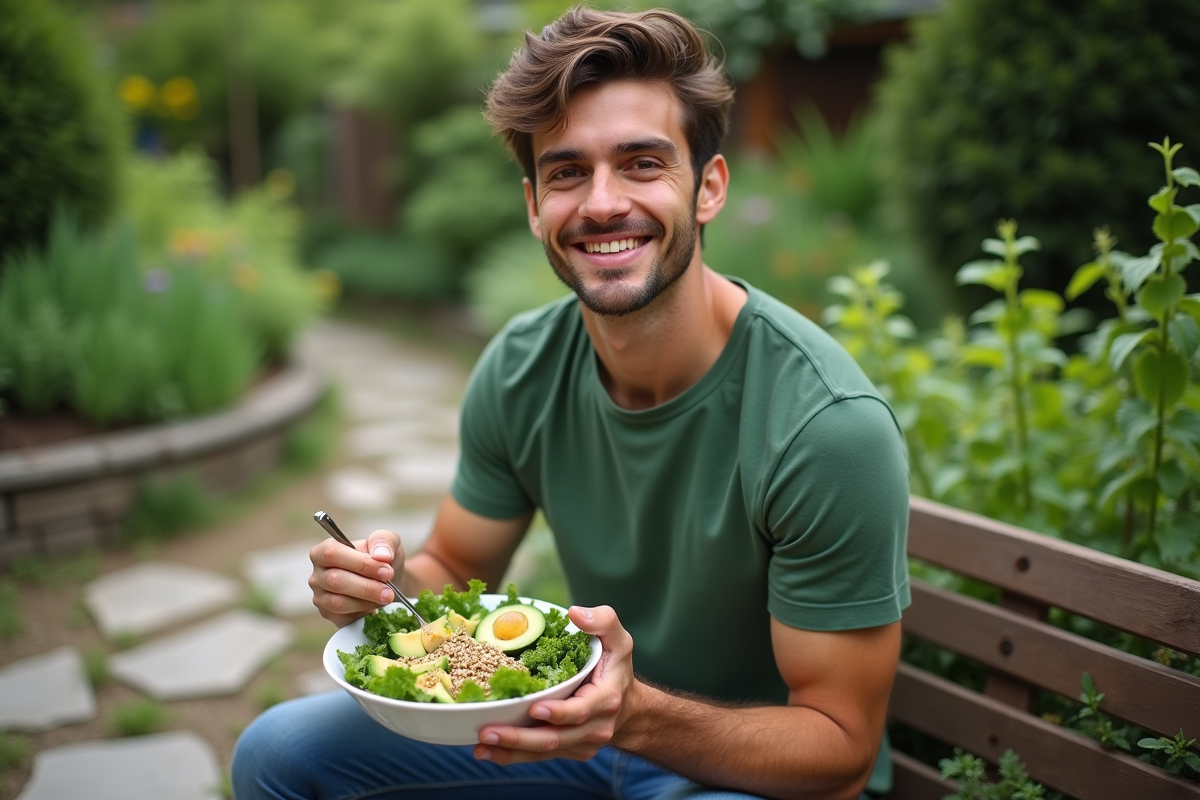 Jeune homme dégustant une salade dans un jardin verdoyant
