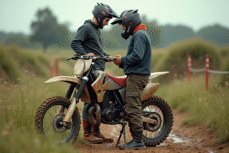 Jeune homme inspectant une moto 125cc en plein air