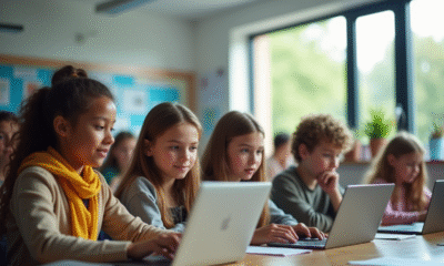 Groupe d'élèves au collège utilisant des tablettes numériques