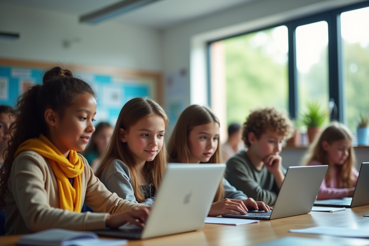 Groupe d'élèves au collège utilisant des tablettes numériques
