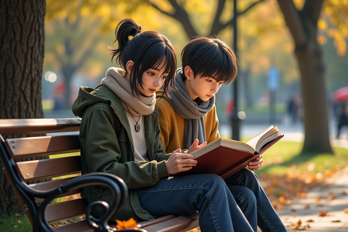 Adolescents lisant manga sur un banc dans un parc en automne