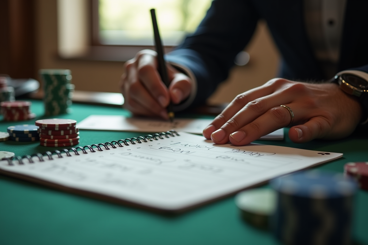 Main organisant des cartes avec des jetons de poker et un carnet