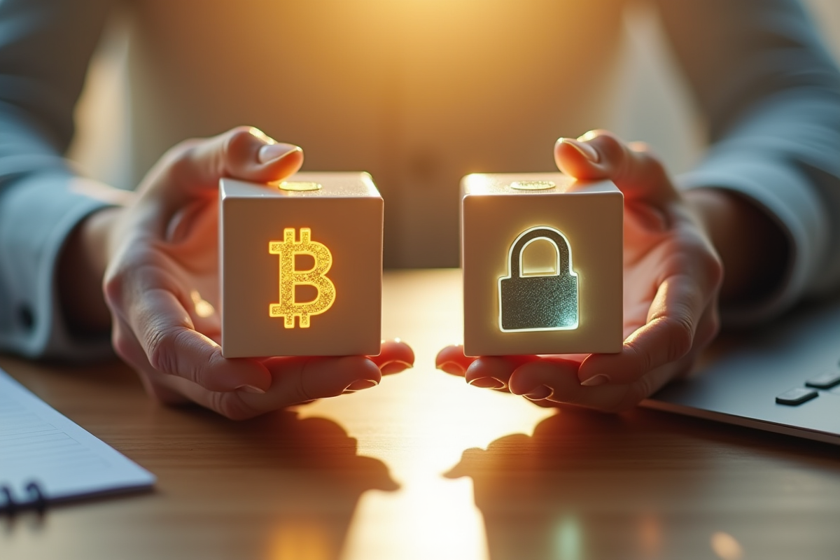 Mains tenant deux cubes brillants avec symboles de securite et de verrou
