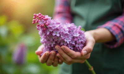 Mains de jardinier prenant un lilas en plein jour