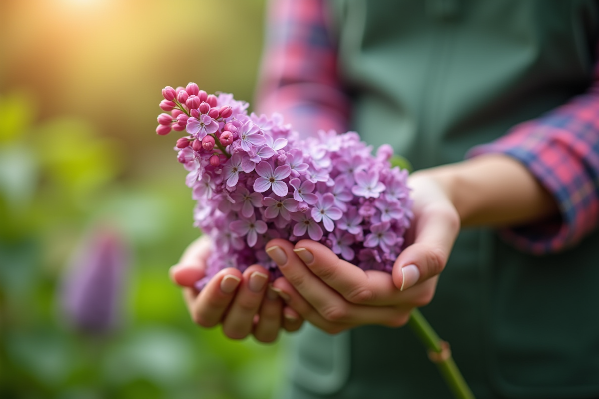 Mains de jardinier prenant un lilas en plein jour