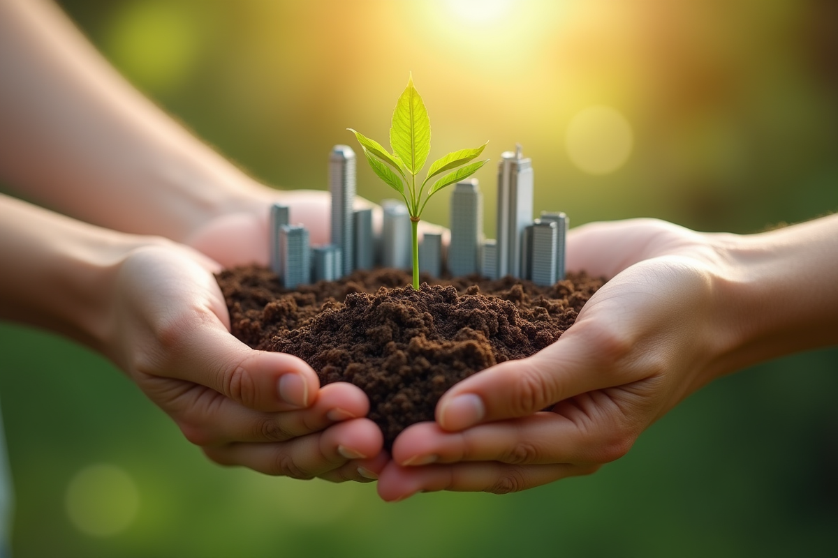 Mains tenant une jeune plante et un modèle de gratte-ciel pour l article