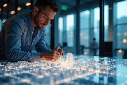 Architecte examinant un modele 3d d une ville moderne
