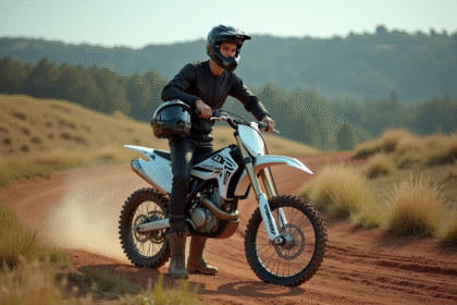 Jeune motocrossiste avec casque et moto 150cc en nature
