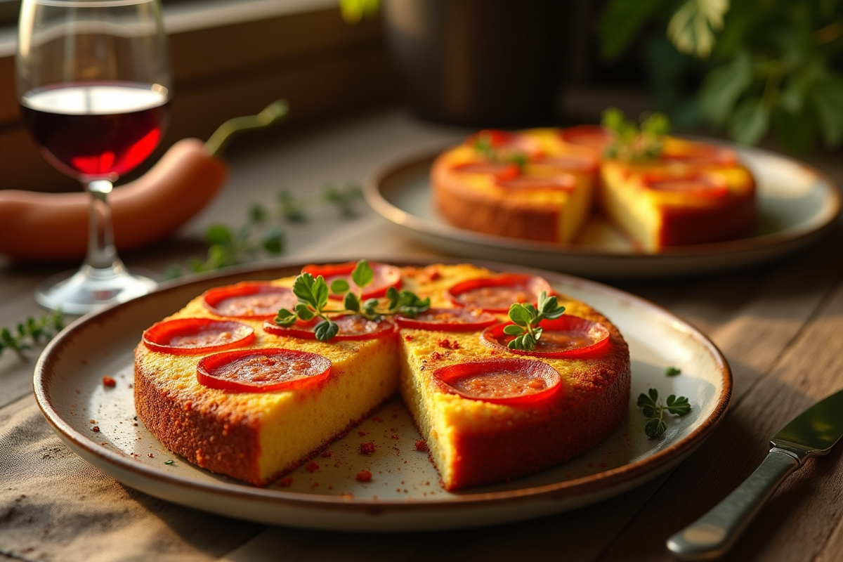 Partage de gâteau aux poivrons et chorizo sur table chaleureuse