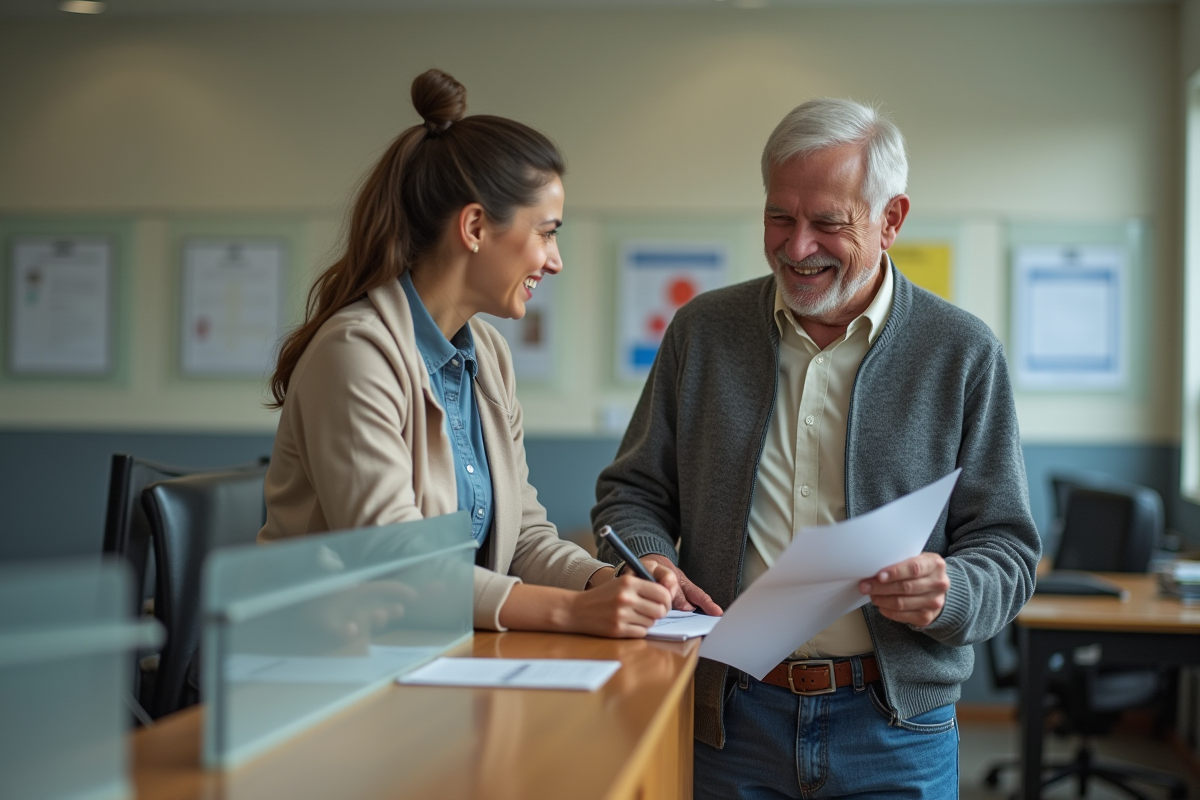 Pere et fille discutant de documents de logement en agence