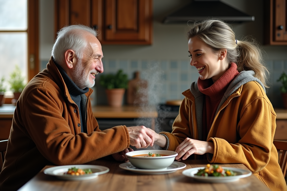 Une femme et un homme âgé partageant une soupe dans une cuisine chaleureuse