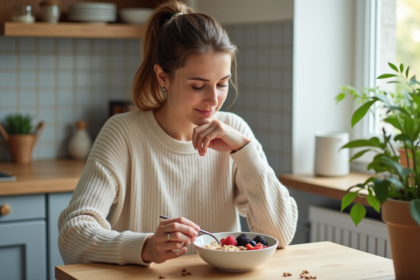 Femme préparant un bol de porridge aux fruits dans une cuisine lumineuse