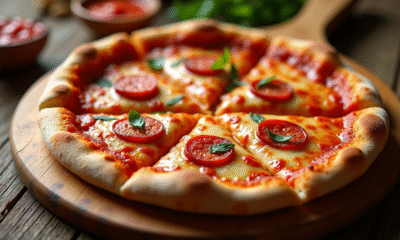 Pizza chorizo fraîche tranchée sur planche en bois