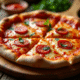 Pizza chorizo fraîche tranchée sur planche en bois