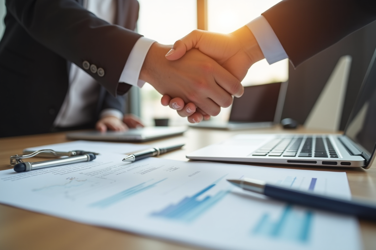 Deux mains se serrant sur un contrat avec graphique financier