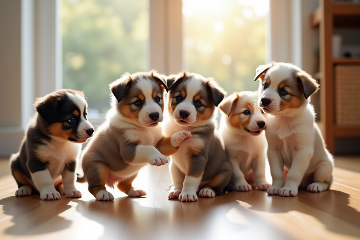 Litter de chiots Australian Shepherd jouant sur un sol en bois