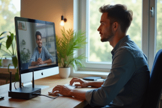 Jeune professionnel en télétravail lors d'une visioconference