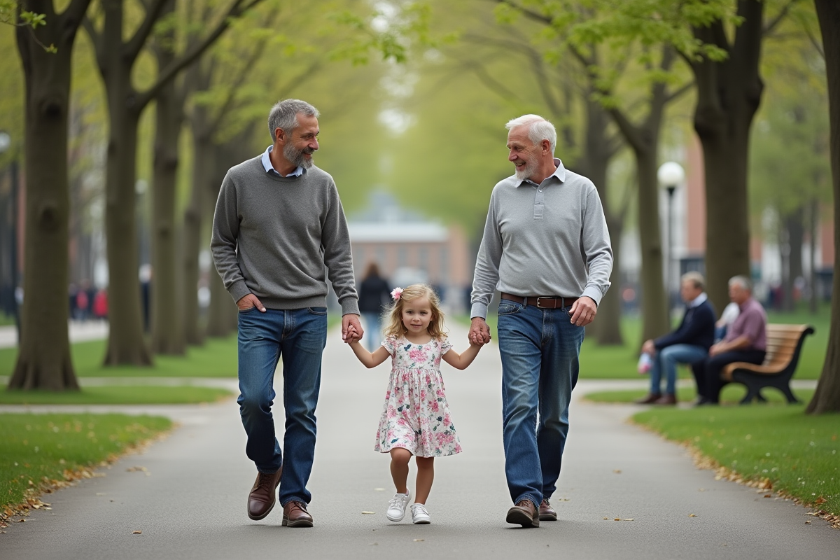 Deux hommes et une fille marchent dans un parc au printemps