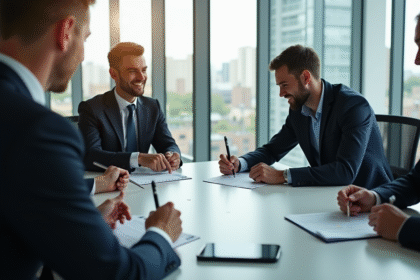 Groupe de partenaires d'affaires signant des documents en réunion