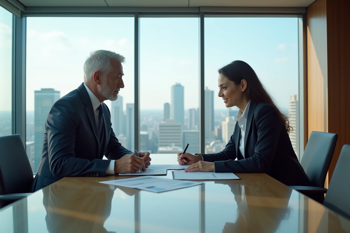 Deux professionnels en réunion d'affaires dans un bureau moderne