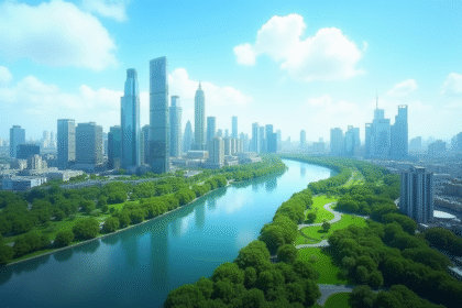 Paysage urbain moderne avec parcs verts et rivière pour l article