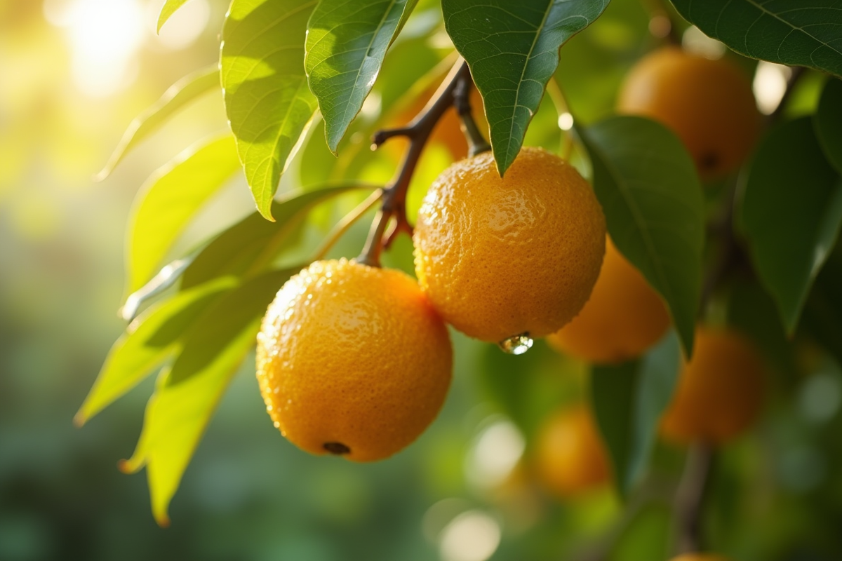 Starfruits frais suspendus sur branche dans un verger tropical