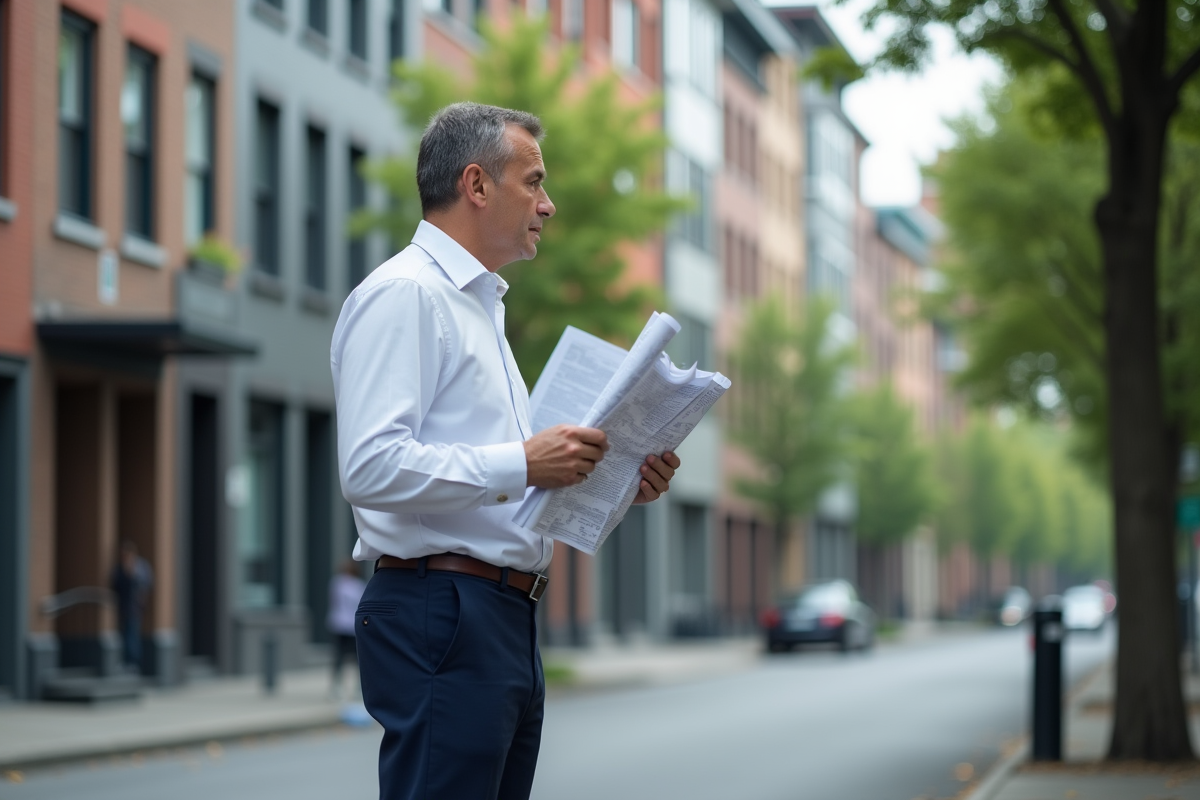 Urbaniste homme avec cartes devant bâtiments modernes
