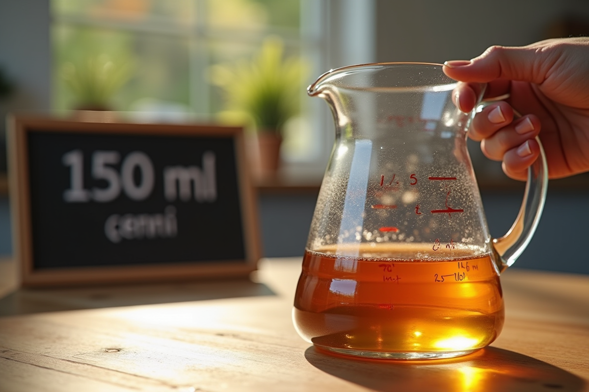 Verre mesure liquide avec soleil matin scene chaleureuse